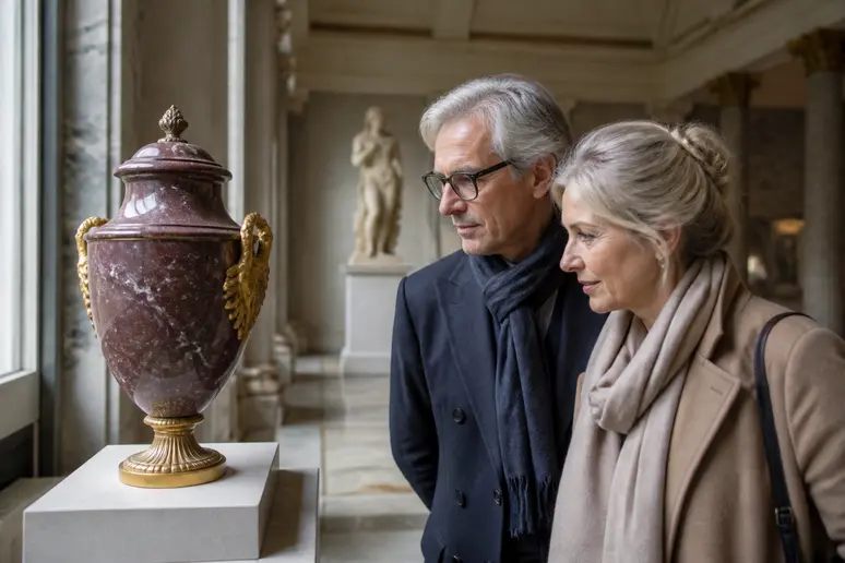 Couple parisien admirant un vase antique en porphyre, symbolisant la noblesse et la richesse historique de cet anniversaire.