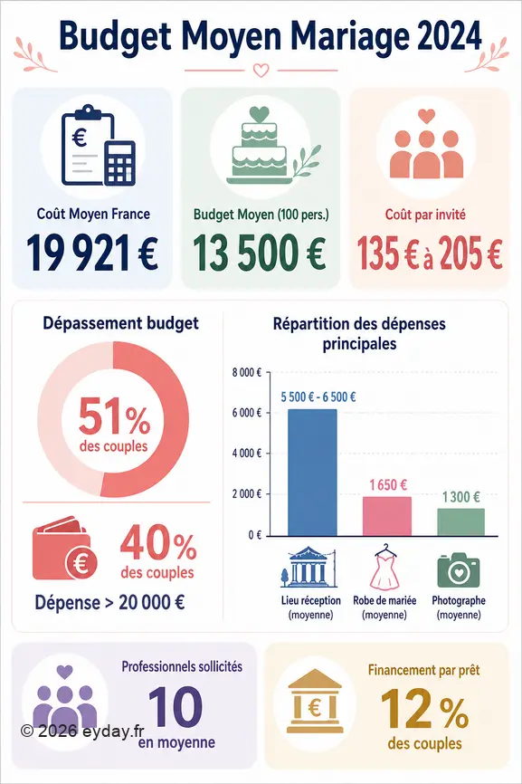 Infographie présentant le budget moyen d'un mariage en France, incluant le coût total, par invité et par poste de dépenses.