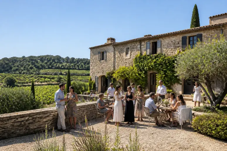 Vue panoramique d'une ferme provençale entourée d'oliviers et de vignes, un après-midi ensoleillé, des invités profitent de l'ambiance.