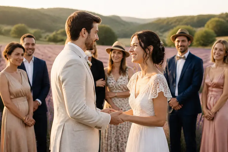 Cérémonie de mariage en plein air dans un champ de lavande au coucher du soleil, un couple échange ses vœux devant ses invités.