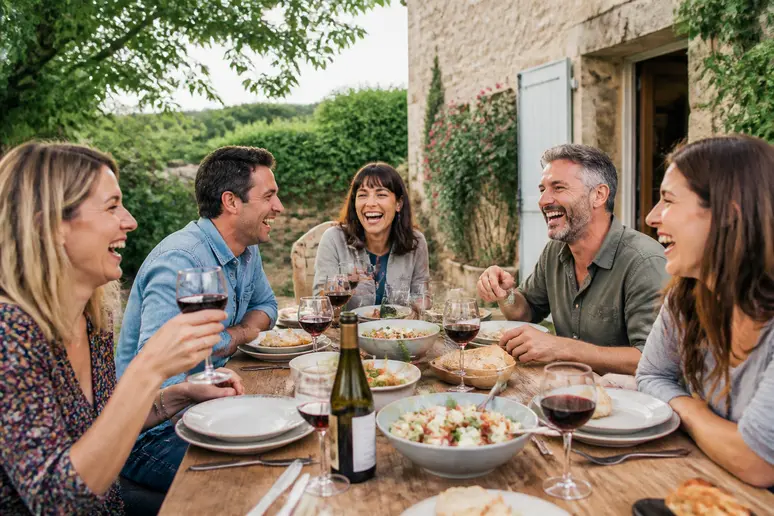 Amis célébrant un anniversaire autour d'une table dans un gîte, ambiance chaleureuse et conviviale en plein air.