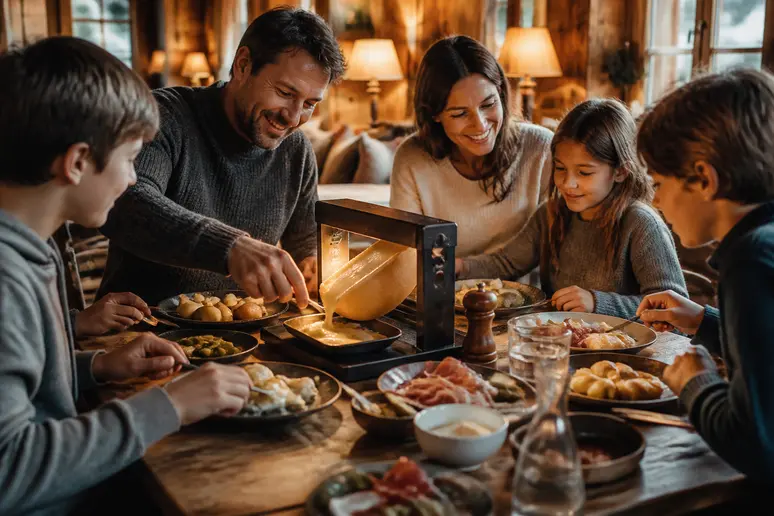 Famille partageant un dîner savoyard dans l'espace repas d'un écolodge, moment convivial et authentique.