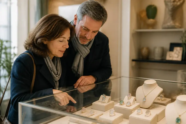 Couple français choisissant une bague en béryl pour leurs 23-ans-de-mariage-cadeaux.