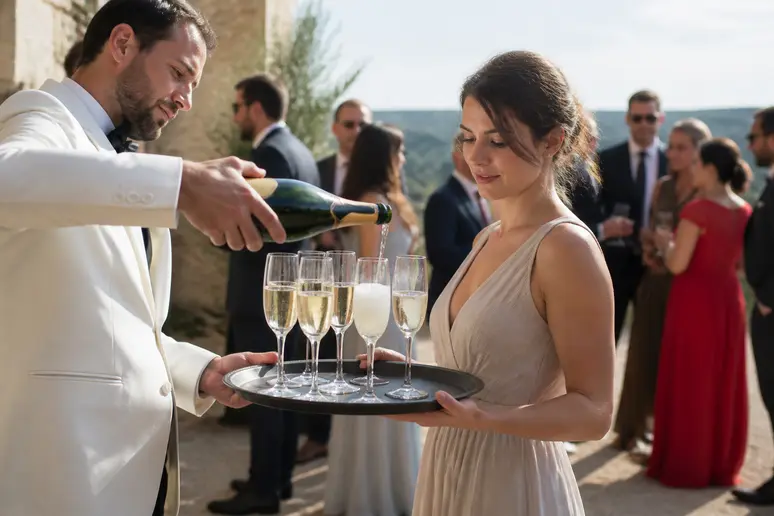 Un serveur verse du champagne dans des flûtes lors d'un vin d'honneur de mariage champêtre en France.