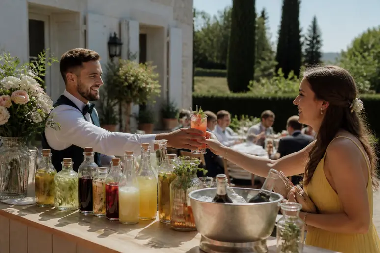 Un bar à boissons sans alcool bien garni propose jus de fruits et cocktails rafraîchissants lors d'un mariage en plein air.