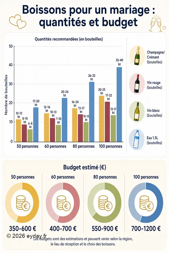 Comparaison visuelle des quantités de boissons et des budgets estimés pour des mariages selon le nombre d'invités.