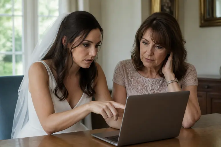 Une mariée discute des dépenses avec sa mère, examinant attentivement le budget du mariage sur un ordinateur portable.