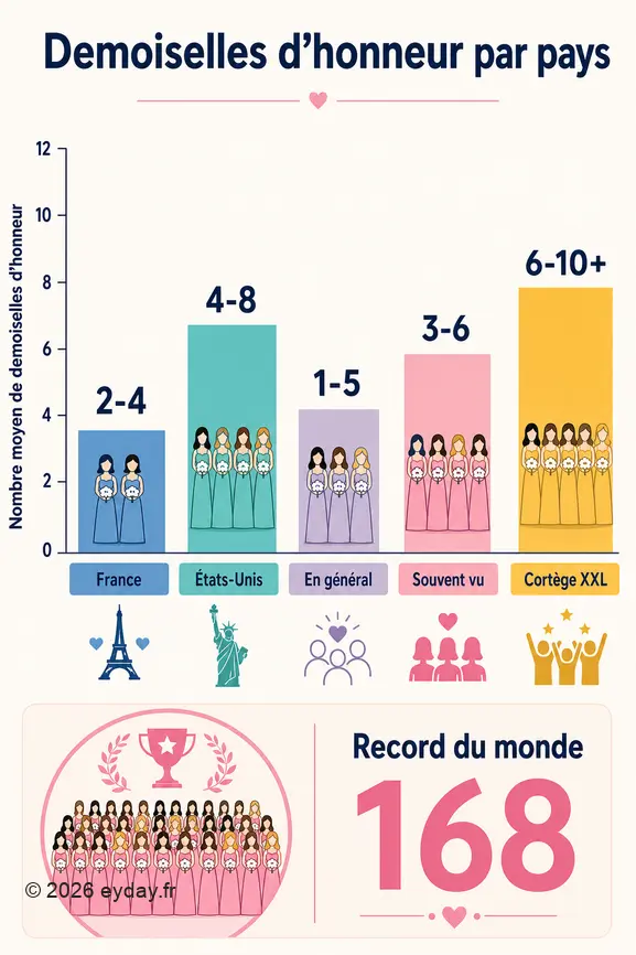 Comparaison visuelle du nombre moyen de demoiselles d'honneur en France et aux États-Unis, avec des fourchettes générales.