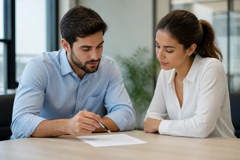 Couple consultant des documents à l'entreprise pour un conge-pour-mariage.