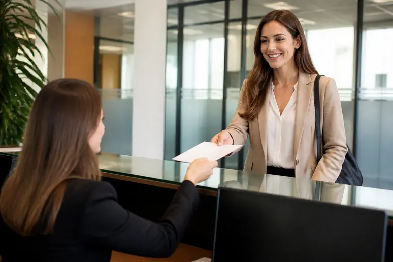 Employée remettant son justificatif pour un conge-pour-mariage à la réception.