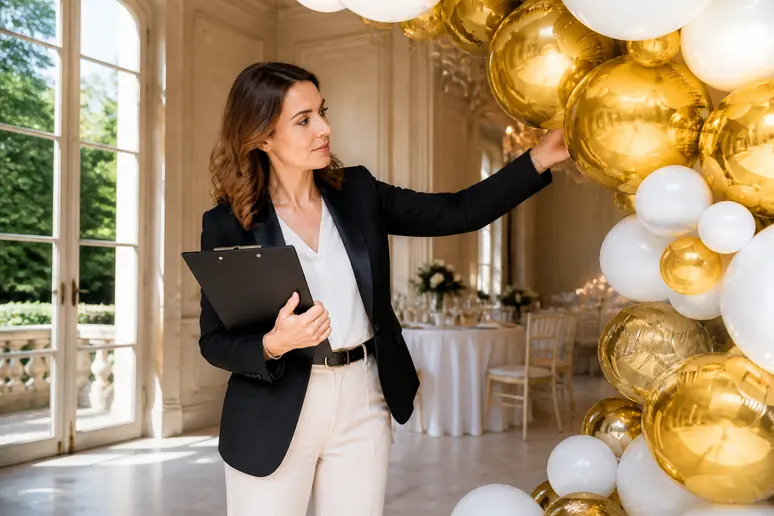 Une organisatrice de mariage installe une arche de ballons élégante dans une salle de réception lumineuse en France.