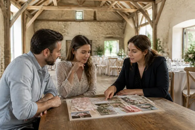 Un couple discute des options de décoration avec une wedding planner dans une salle de réception champêtre française authentique.