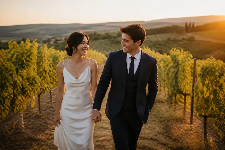 Jeune couple profitant d'un elopement romantique dans un vignoble français.