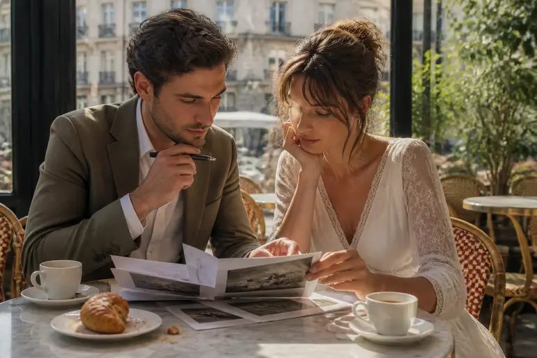 Un jeune couple français discute des options de format pour leur gazette de mariage autour d'un café parisien ensoleillé.