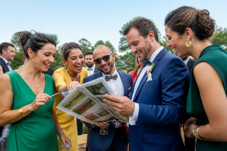 Des invités de mariage français rient et interagissent joyeusement autour d'une gazette de mariage interactive dans un jardin fleuri.