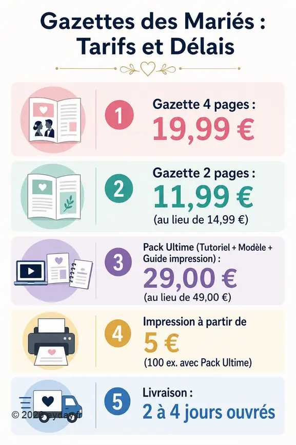 Infographie présentant les prix des gazettes de mariage, les offres promotionnelles et les délais de livraison.