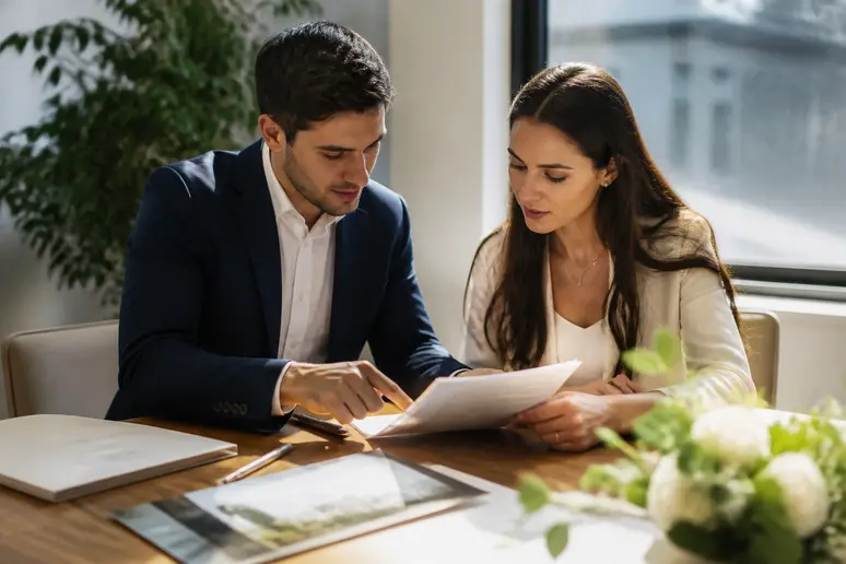 Couple français lisant attentivement un contrat de lieux de réception mariage en bureau