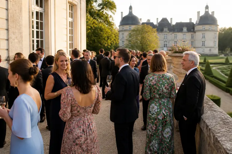 Invités de mariage profitant d'un cocktail devant un château, lieu de réception mariage