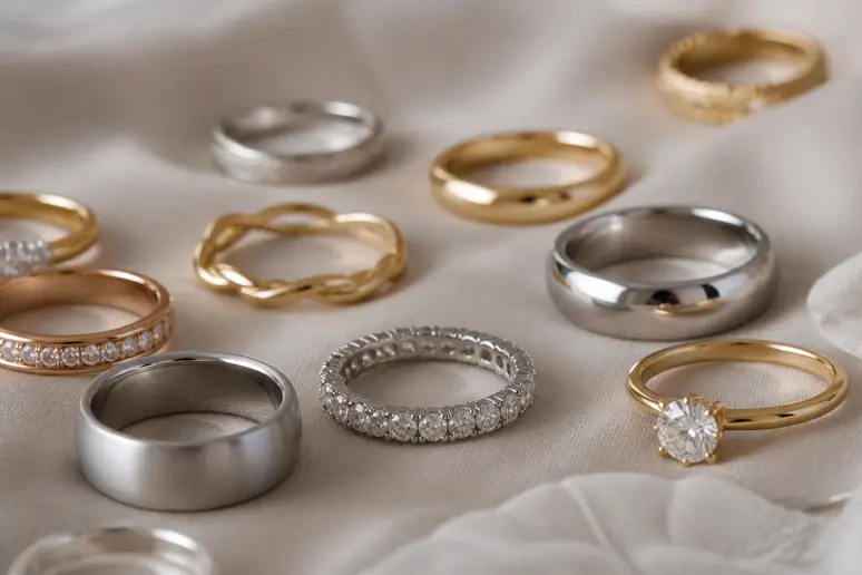 Collection variée d'alliances de mariage, offrant choix et durabilité pour mains-mariage.