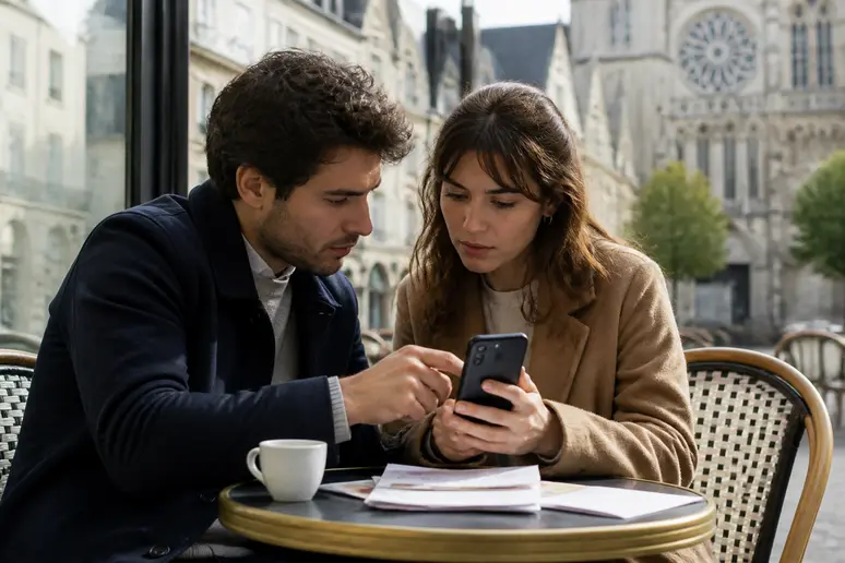 Couple français discutant du coût licence mariage Las Vegas dans un café à Chartres.