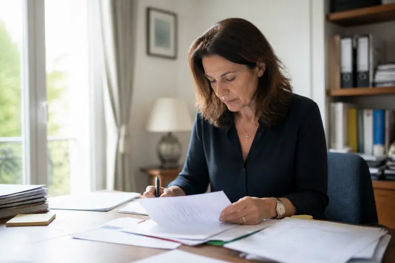Femme française étudiant des documents officiels pour validation mariage Las Vegas.