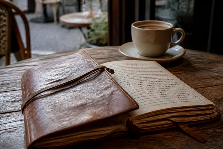 Un vieux carnet en cuir ouvert sur une table en bois, révélant une écriture élégante sous une douce lumière.