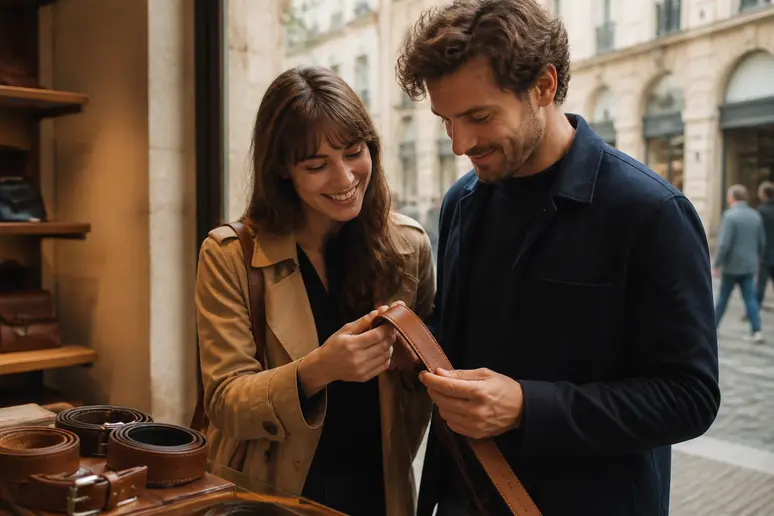 Un couple français choisit une ceinture en cuir personnalisée dans une boutique élégante, symbolisant leur union.