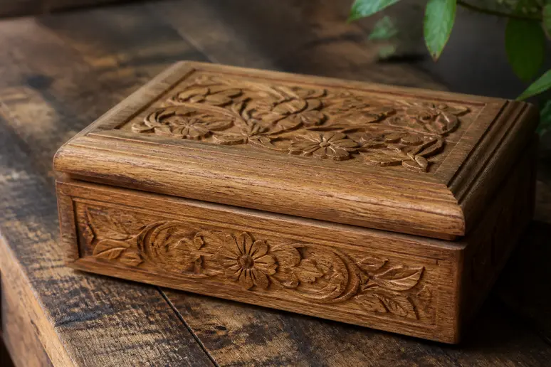 Boîte souvenir artisanale en bois de chêne sculpté, présent pour célébrer les noces de chêne.