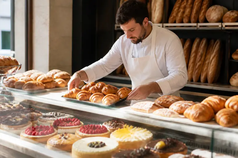 Exposition de viennoiseries, fruits frais et pains artisanaux dans une boulangerie française, prêts à composer un petit-déjeuner.