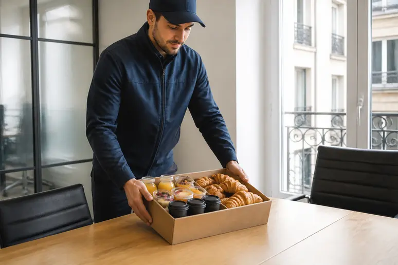 Livraison d'un petit-déjeuner d'entreprise en boîte soignée, déposée sur un bureau dans un espace de travail moderne.