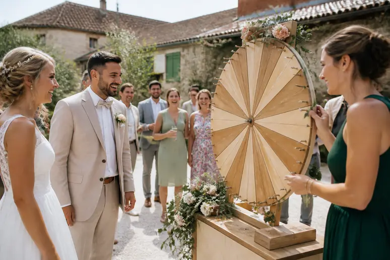 Mariage en France: la roue-de-la-chance anime la réception avec des invités heureux.