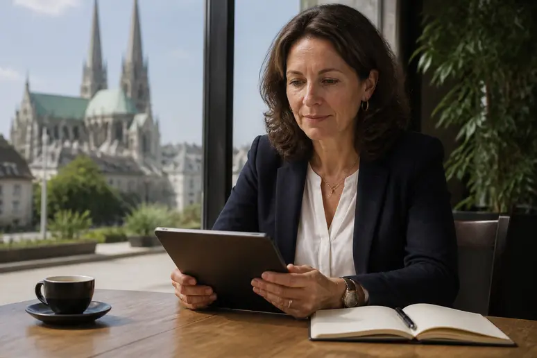 Une femme choisit un traiteur pour son événement, examinant les options sur une tablette dans un café lumineux à Chartres.