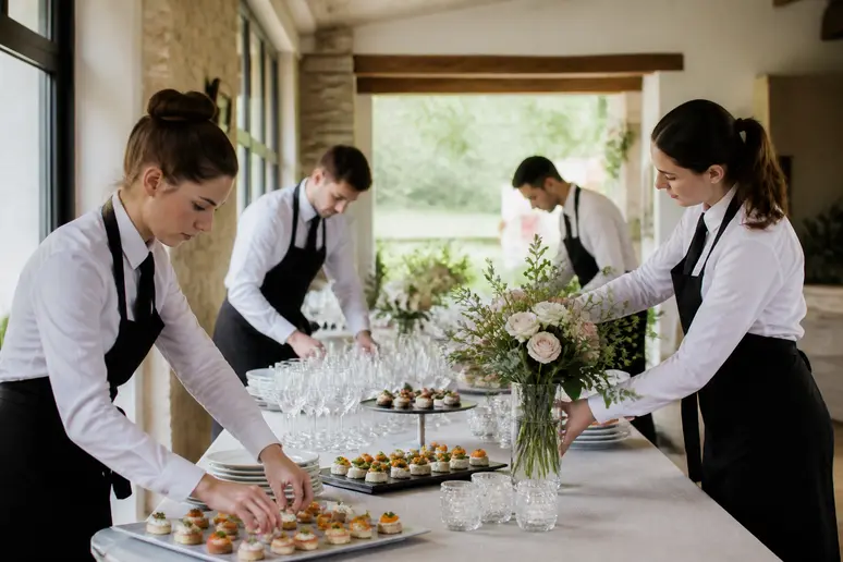 Une équipe de traiteurs installe un buffet chic pour un apéritif dînatoire privé dans une maison en campagne française.