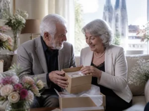 Couple âgé découvrant des cadeaux 45 ans de mariage lors d'une célébration intime à domicile