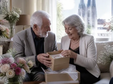 Couple âgé découvrant des cadeaux 45 ans de mariage lors d'une célébration intime à domicile