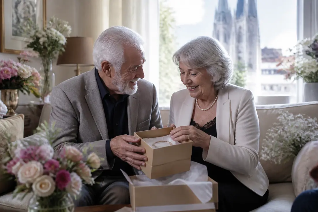 Couple âgé découvrant des cadeaux 45 ans de mariage lors d'une célébration intime à domicile