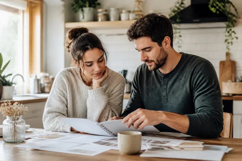 Couple planifiant mariage sans stress dans leur cuisine, entourés de notes et d'un agenda.