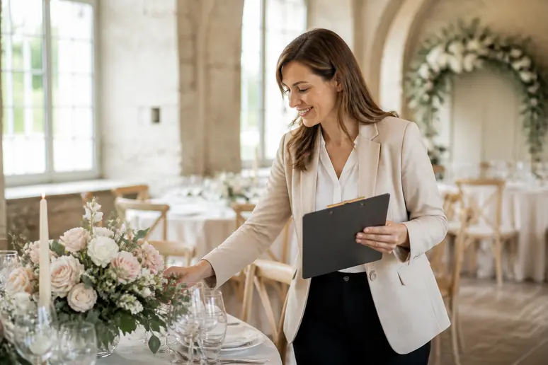 Wedding planner vérifiant les derniers détails floraux, contribuant à planifier mariage sans stress.