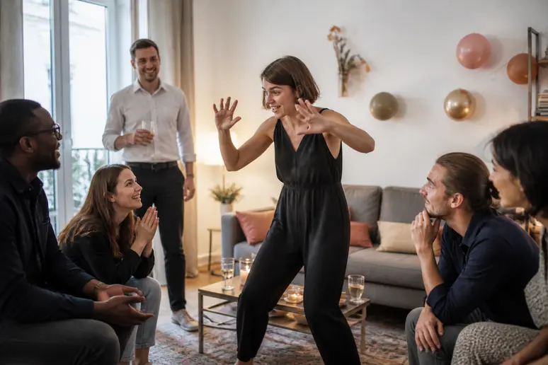Animation d'anniversaire adulte : groupe jouant aux devinettes dans une ambiance festive