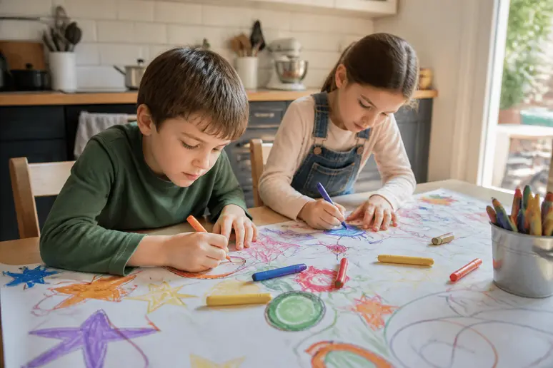 Anniversaire animation DIY : enfants personnalisant une nappe en papier avec des dessins