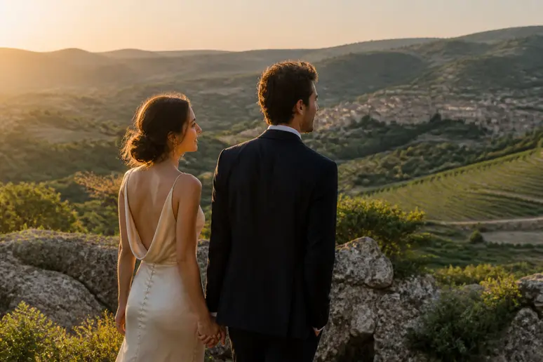 Un couple souriant au Domaine d'Imbours en Ardèche, profitant d'un paysage rural pittoresque au coucher du soleil.