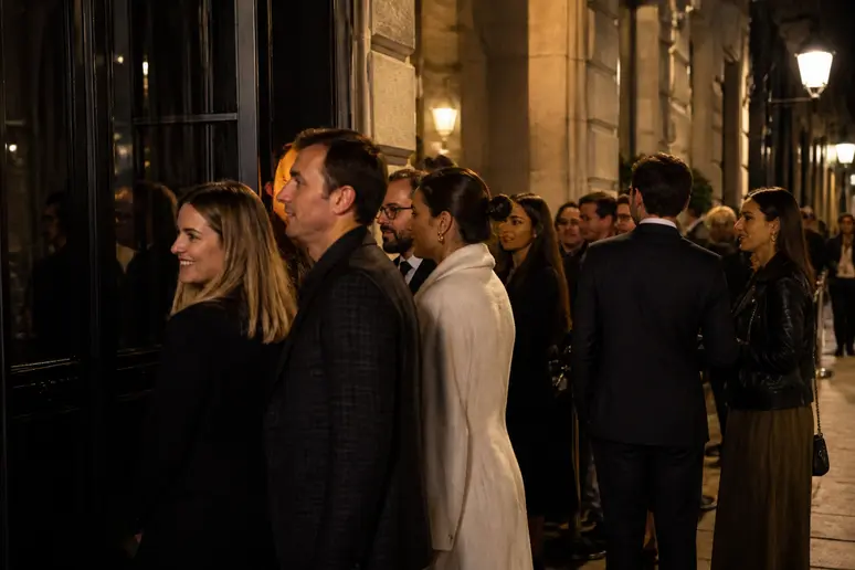 Clients habillés élégamment attendant à l'entrée d'un club parisien branché