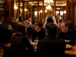 Ambiance chaleureuse dans une salle de restaurant parisienne lors d'un pachamama paris avis pour un dîner