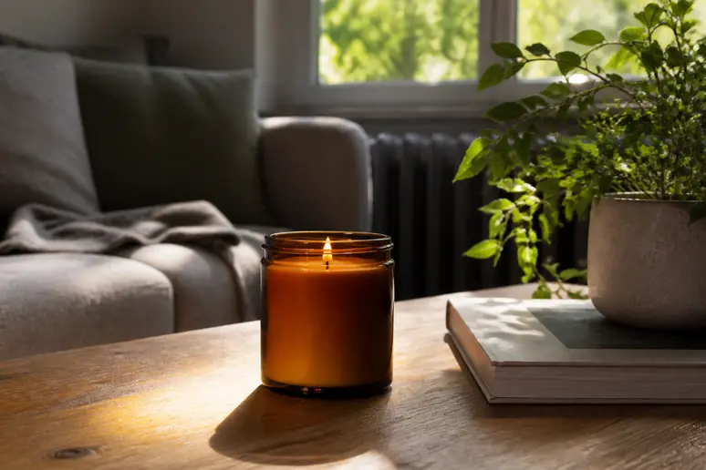 Bougie parfumée en verre ambré posée sur une table basse pour créer une ambiance chaleureuse lors d'une crémaillère.