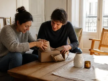 Déballage d'un cadeau crémaillère original et abordable dans un salon lumineux