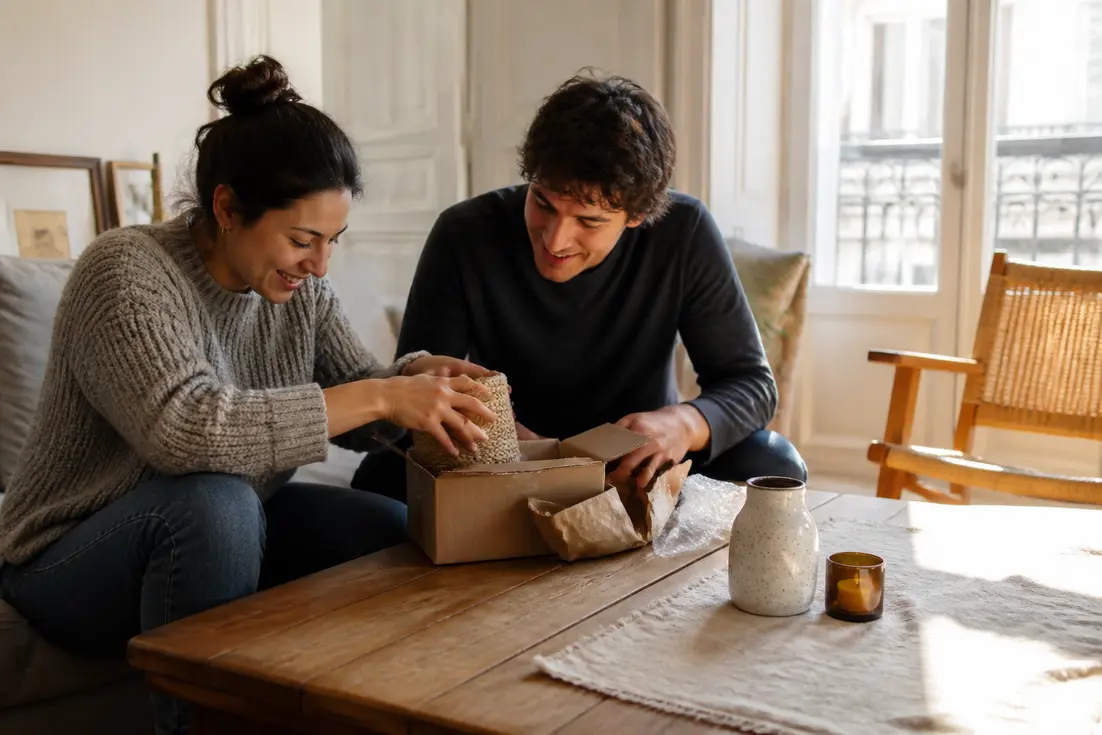 Déballage d'un cadeau crémaillère original et abordable dans un salon lumineux