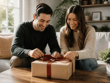 Un couple heureux ouvrant un cadeau pour un couple soigneusement emballé sur une table basse.