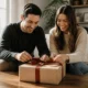 Un couple heureux ouvrant un cadeau pour un couple soigneusement emballé sur une table basse.