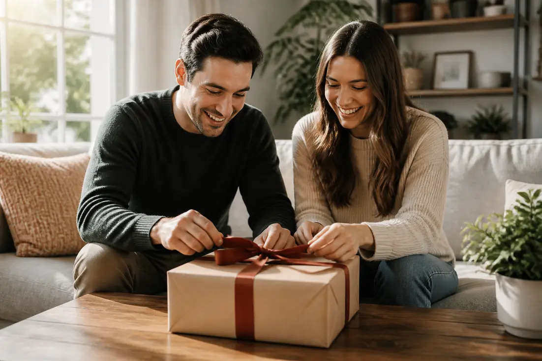 Un couple heureux ouvrant un cadeau pour un couple soigneusement emballé sur une table basse.