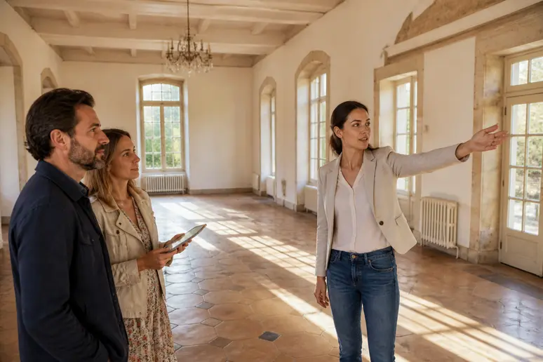 Wedding planner discutant des aménagements dans la Grande Halle du château de Chamerolles.